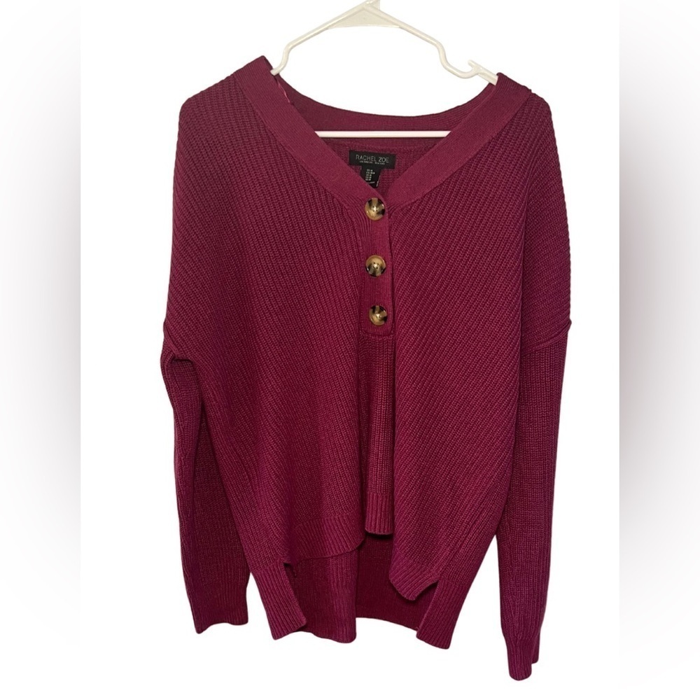 Rachel Zoe Drop Sleeve Half Button V-neck Step Hem Sweater Size Medium